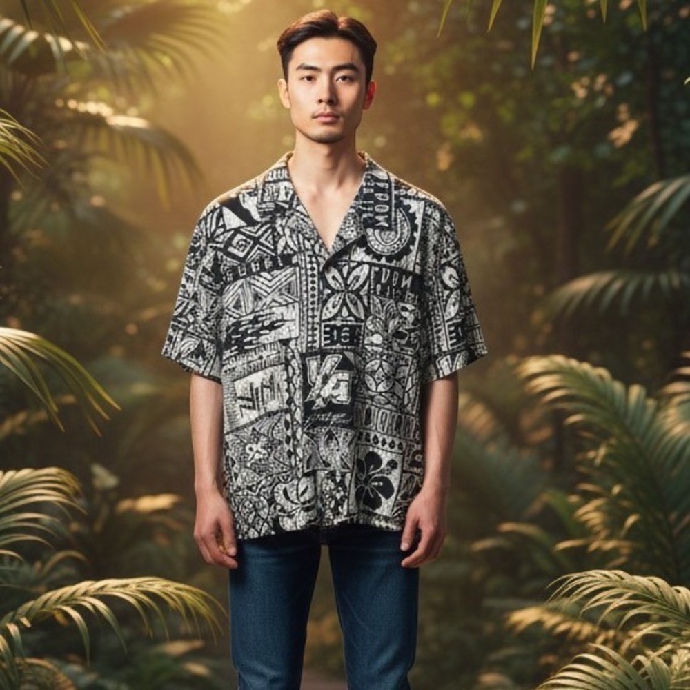 YoungLA 4107 Tribal Graffiti Print Hawaiian Button Up Shirt Mens XL Black White